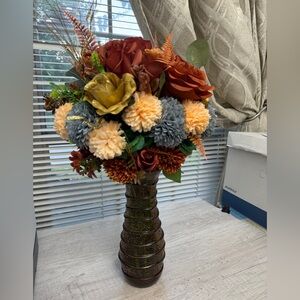 Hand Crafted Vase with Orange, Cream, and Gray Blooms